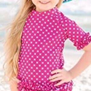 Ruffle Butts Pink and White Polka Dot short sleeve Rash-guard. Size 18-24 months